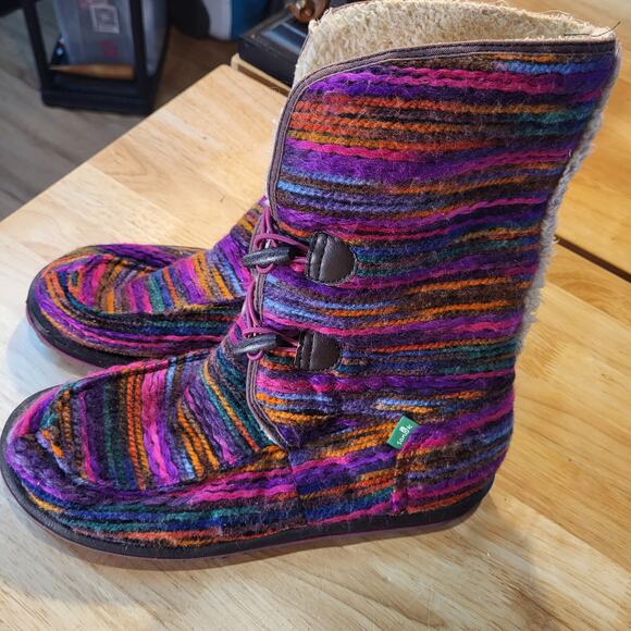 Sanuk Horizon Colorful Yarn Mid-Height Faux Shearling Boots Yoga Mat Sole 9 - Picture 1 of 12